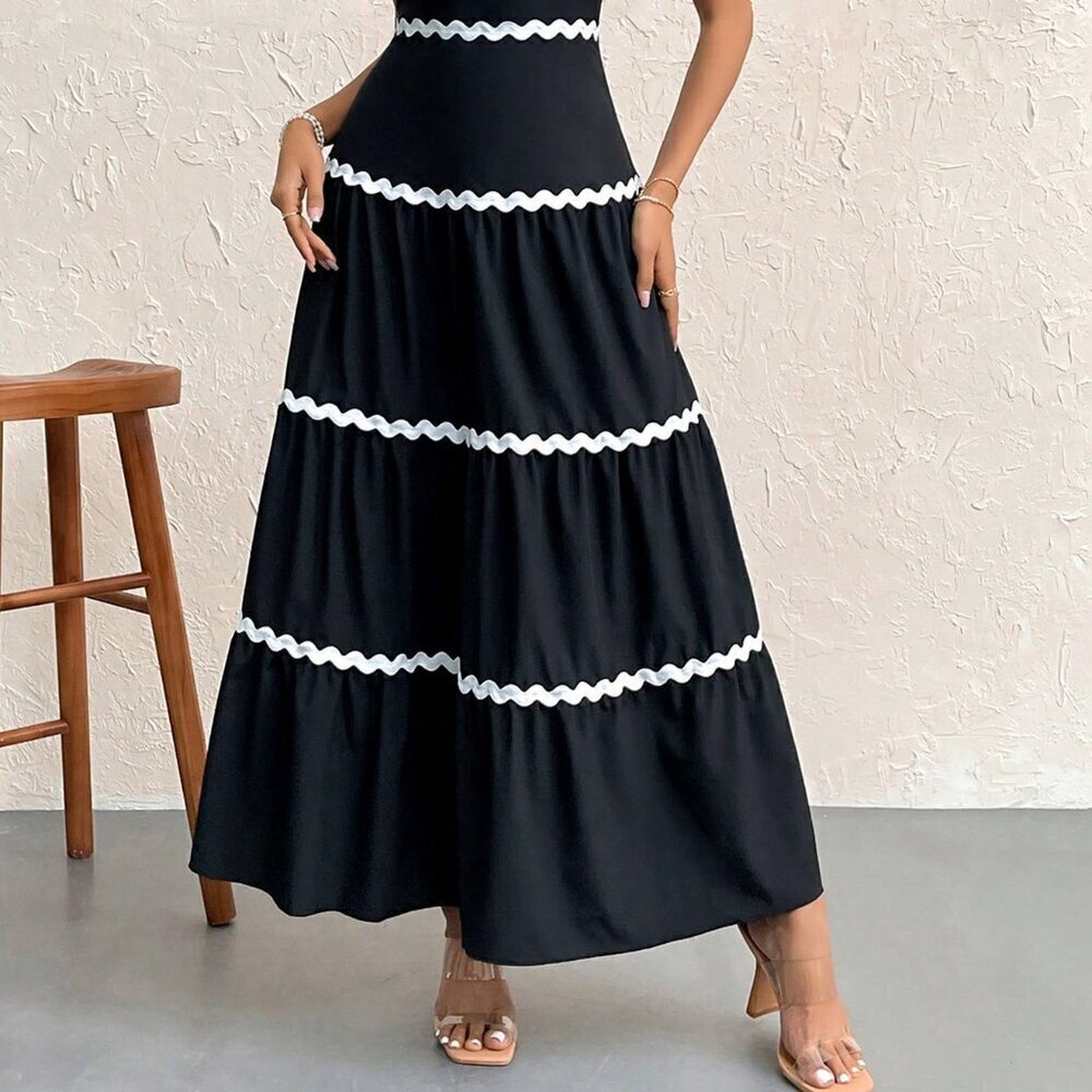Black And White Sexy Women's Colorblock Spaghetti Strap A-Line Dress - Picture 4 of 7